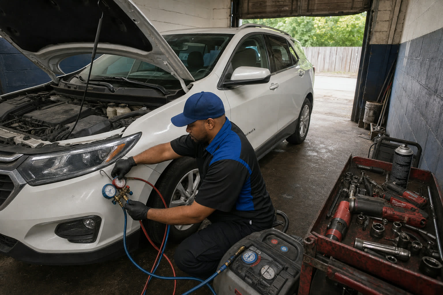 Mechanic performing A/C and heating repair at Tees Auto Repairs in Detroit, MI