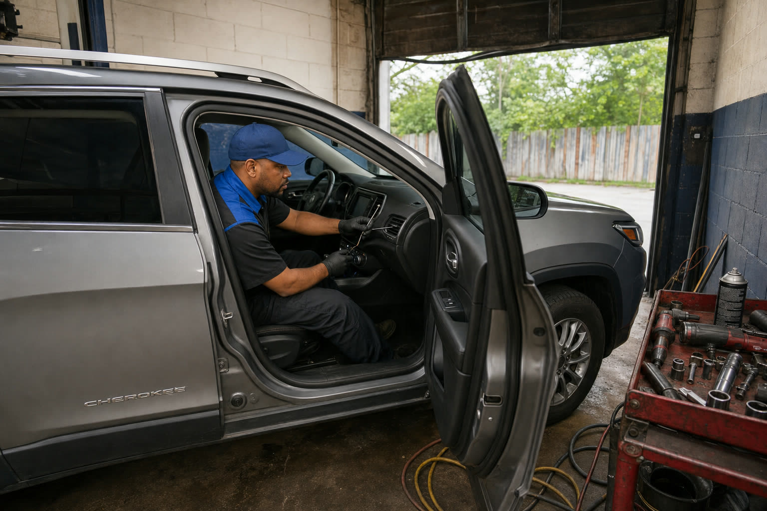 Mechanic performing A/C and heating repair at Tees Auto Repairs in Detroit, MI