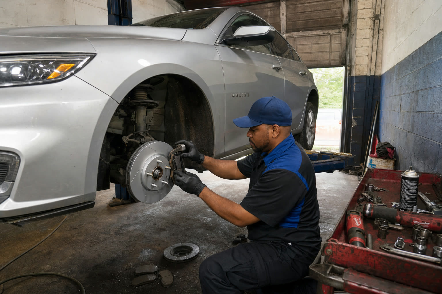 Mechanic performing brake repair at Tees Auto Repairs in Detroit, MI