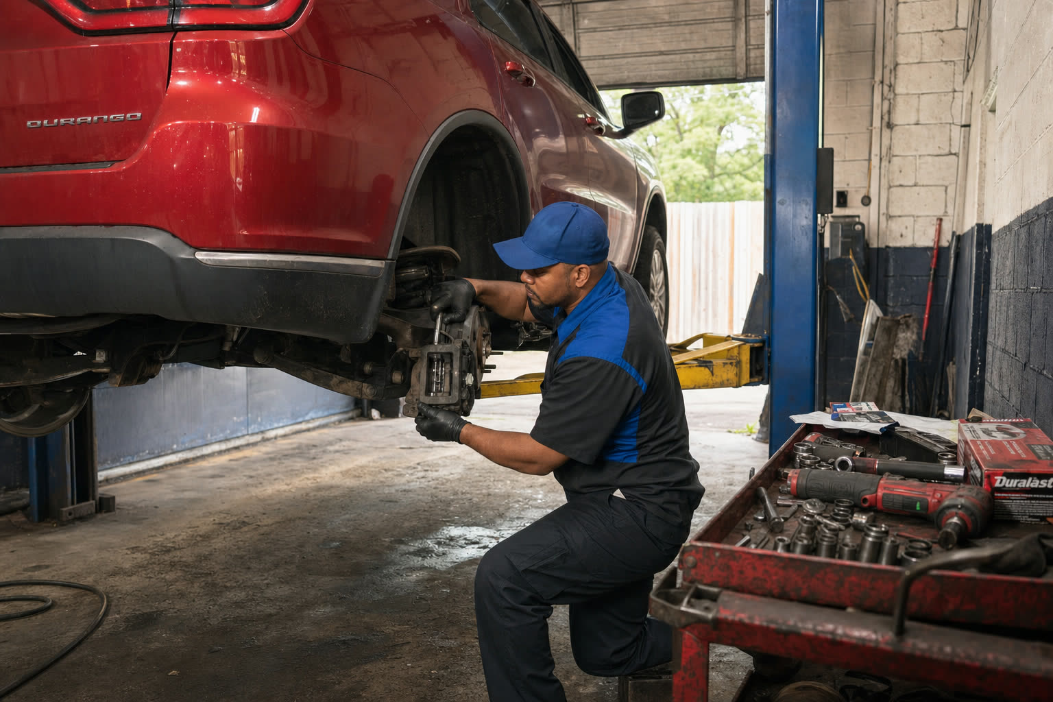 Mechanic performing brake repair at Tees Auto Repairs in Detroit, MI