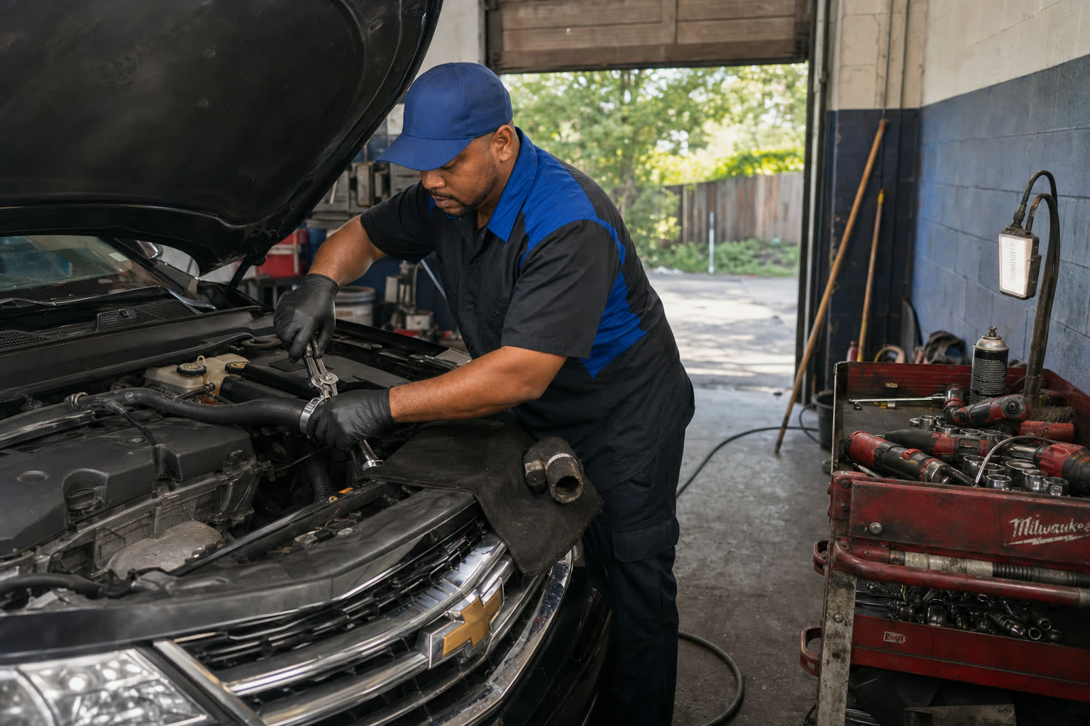 Mechanic performing cooling system repair at Tees Auto Repairs in Detroit, MI