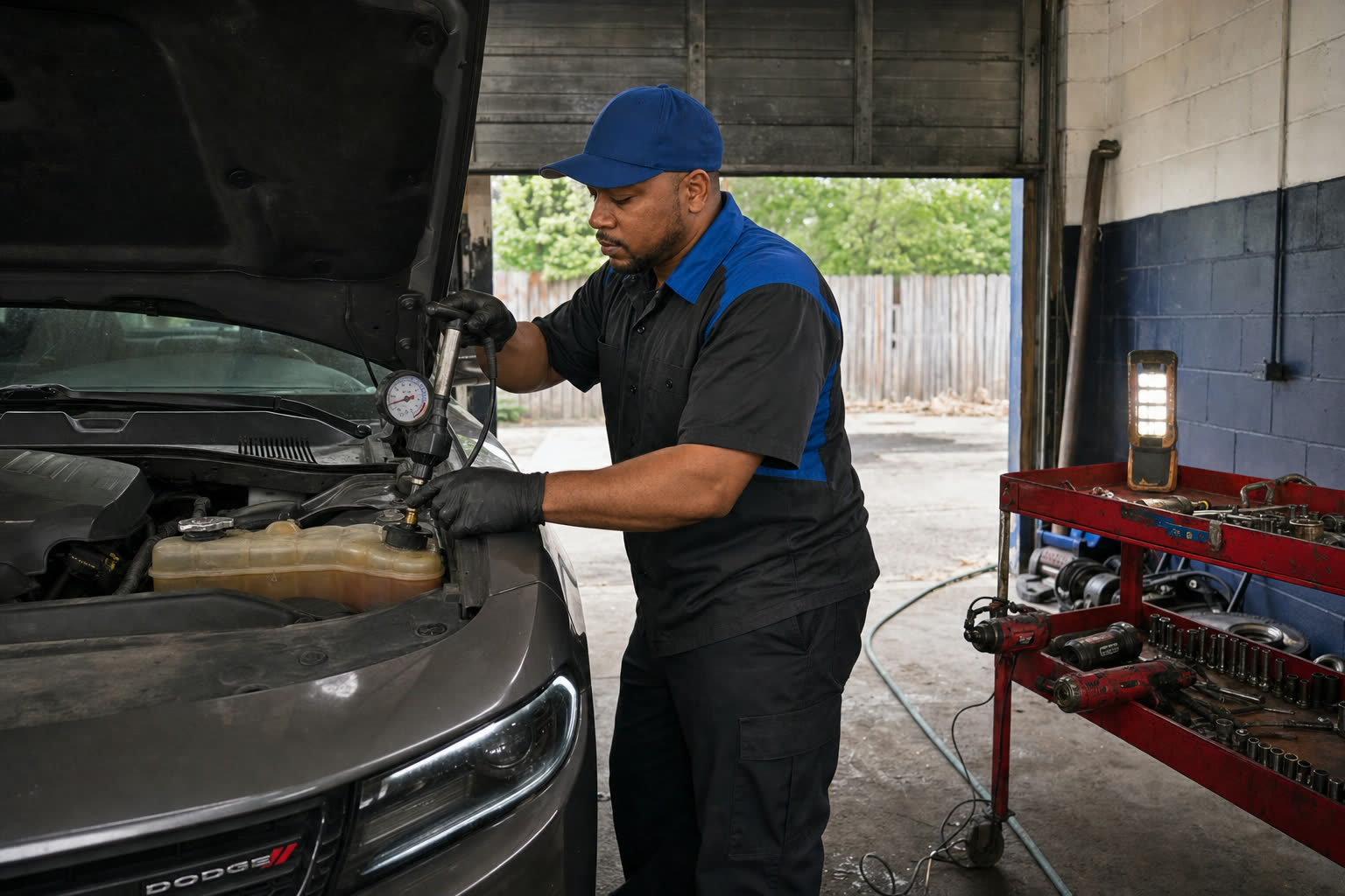 Mechanic performing cooling system repair at Tees Auto Repairs in Detroit, MI