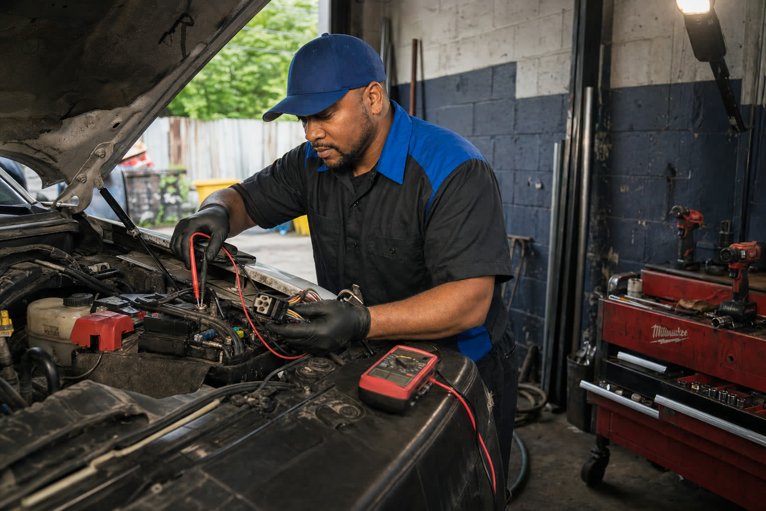 Mechanic performing auto electrical repair at Tees Auto Repairs in Detroit, MI
