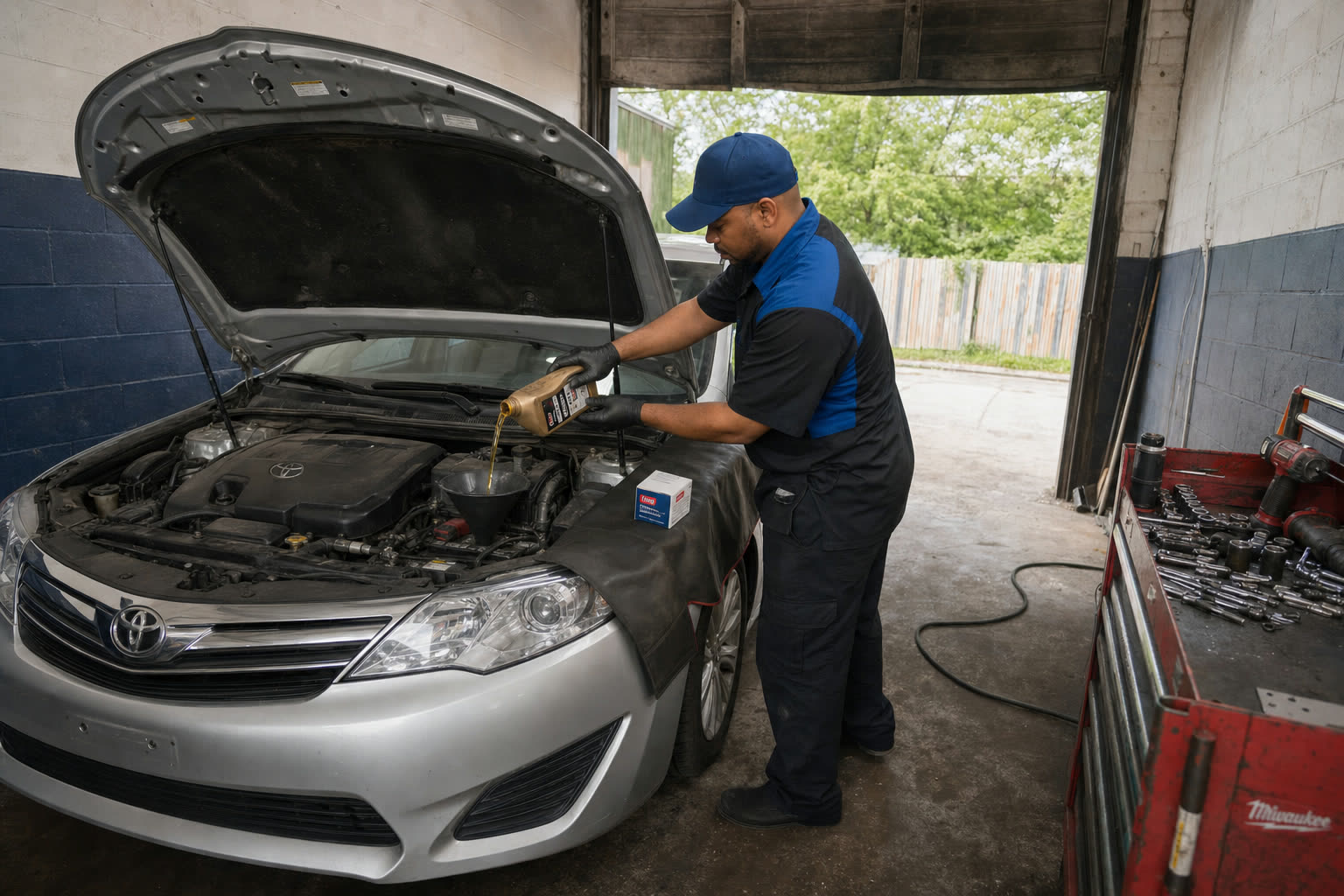 Mechanic performing oil change at Tees Auto Repairs in Detroit, MI