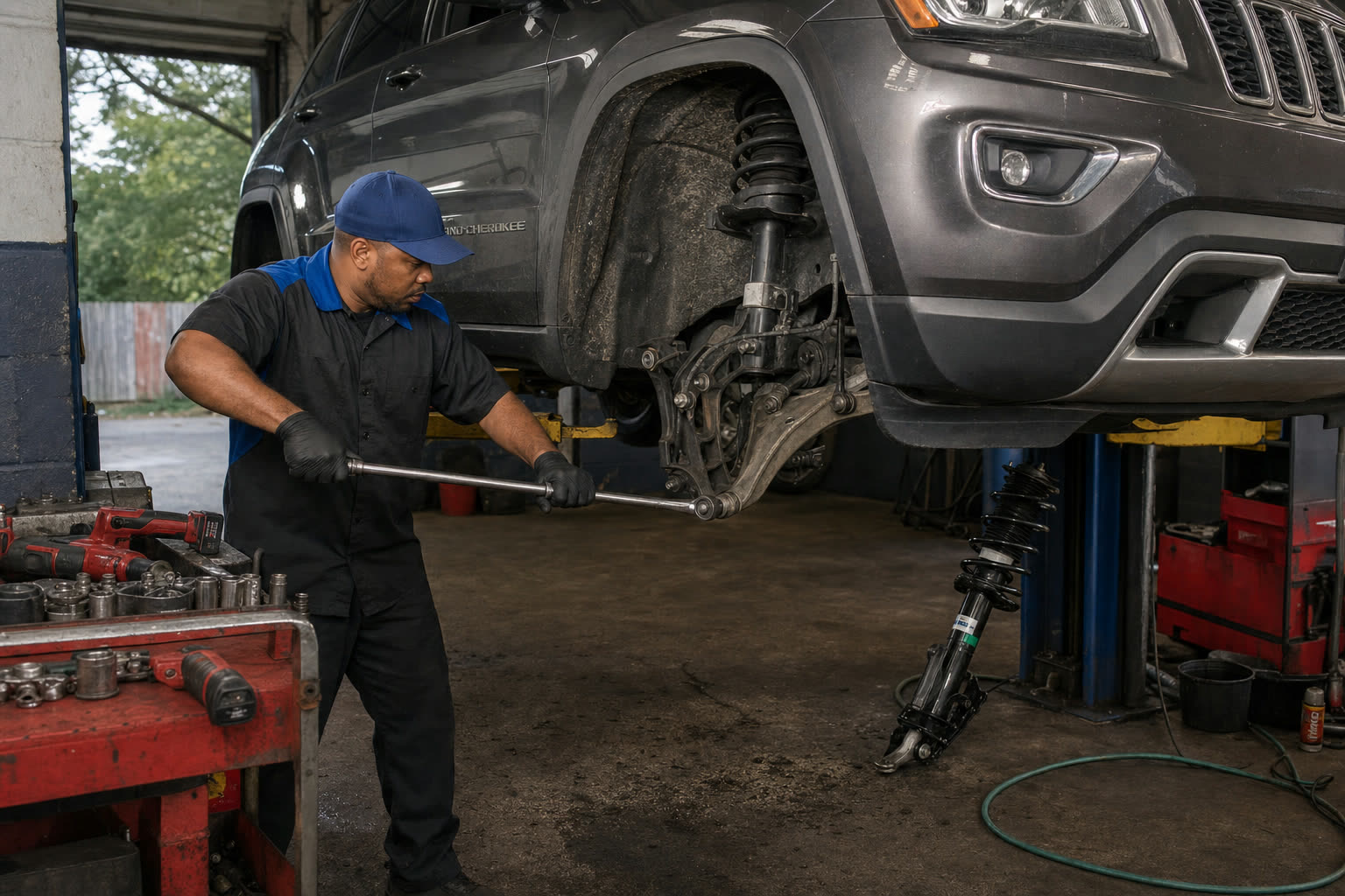 Mechanic performing suspension repair at Tees Auto Repairs in Detroit, MI