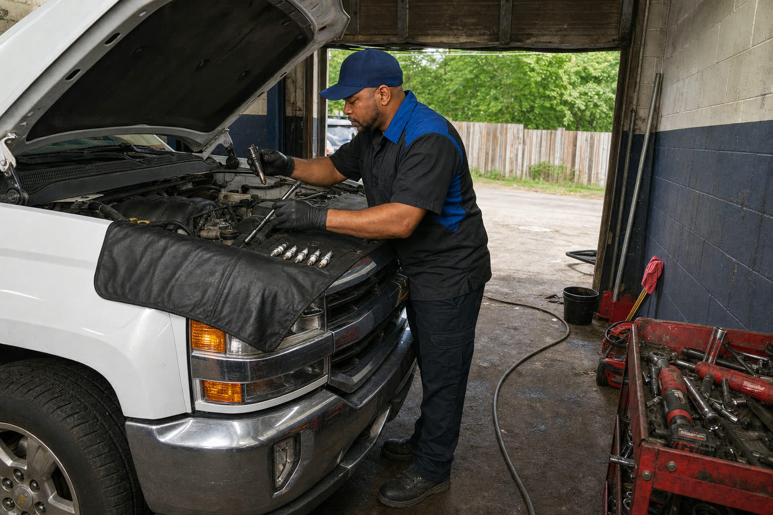 Mechanic performing tune-up at Tees Auto Repairs in Detroit, MI