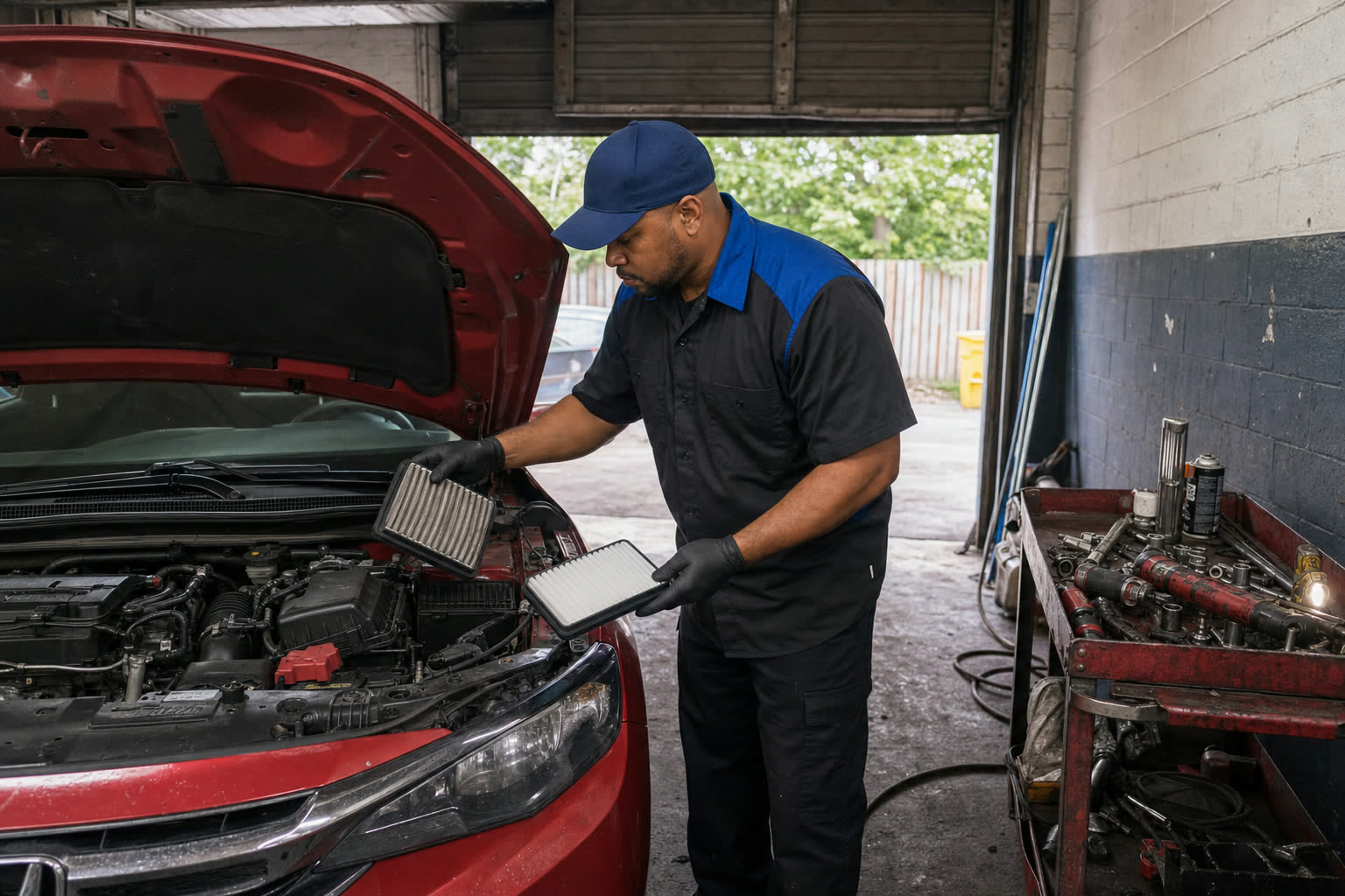 Mechanic performing tune-up at Tees Auto Repairs in Detroit, MI